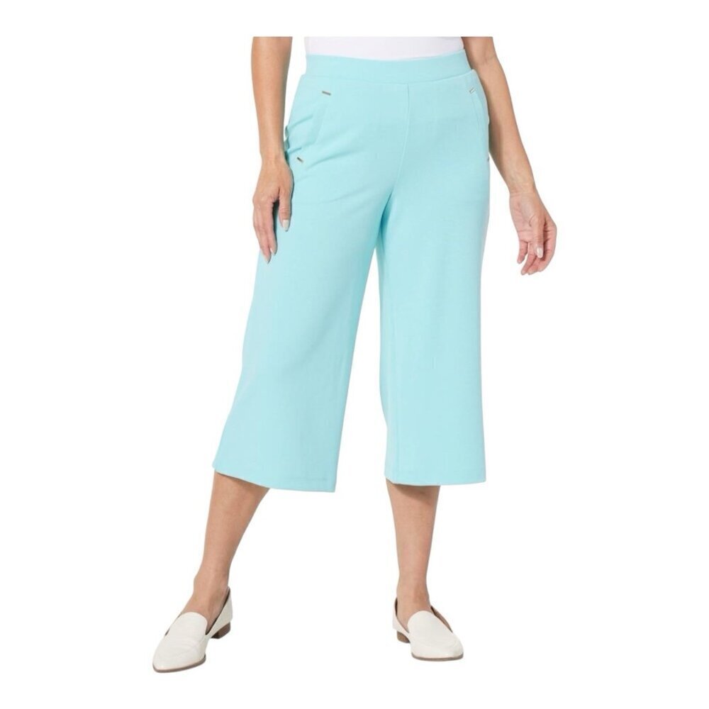 Nina Leonard Crepe Wide Leg Cropped Pants Small Blue Tummy Smoothing Waist